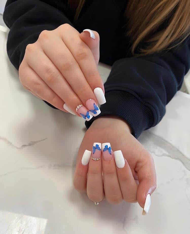 Papillons bleus sur fond blanc neige